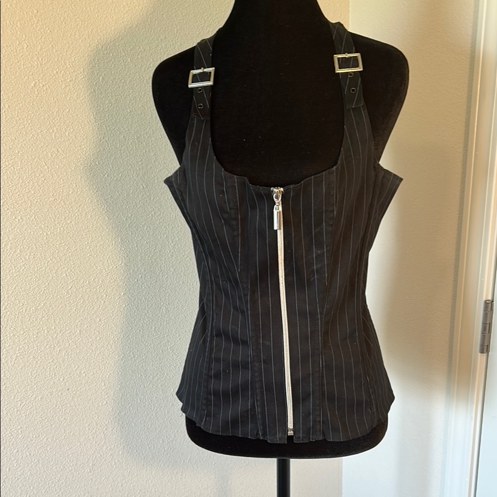 Black Pinstripe Zippered Women's Top